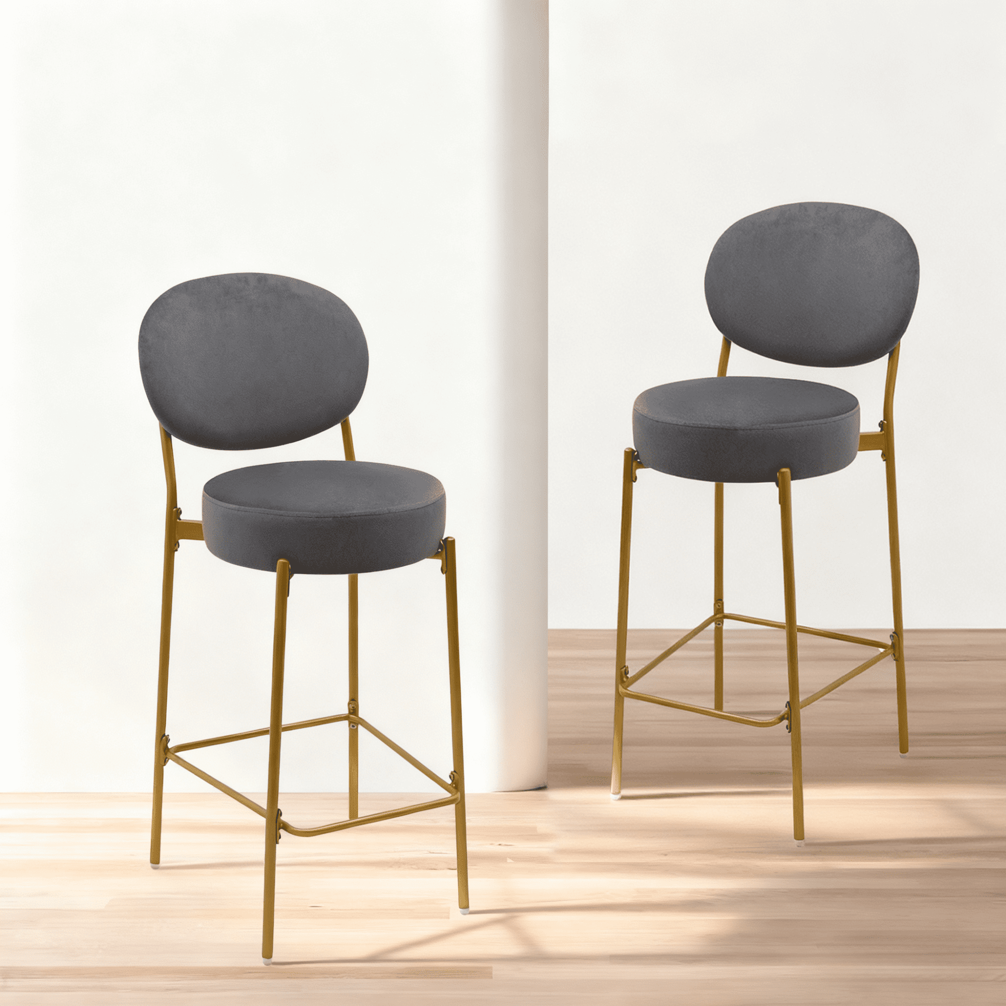 Jopath Set of 2 Velvet Upholstered Bar Stools Round Counter Stool with Backrest & Footrest Dining Chairs for Kitchen Island (Gray)