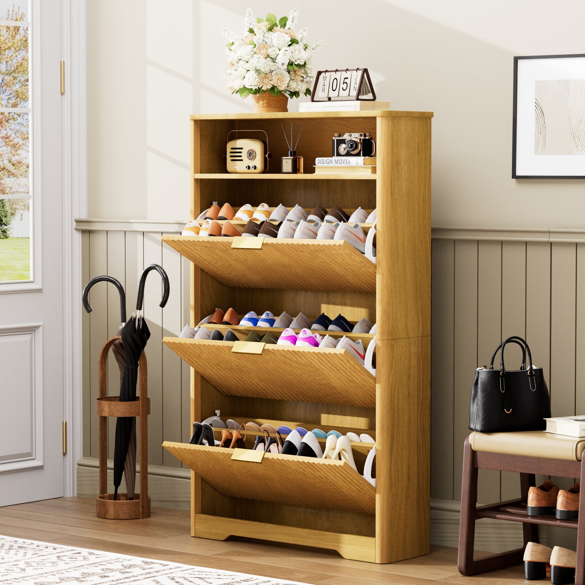 Jopath Shoe Cabinet,Entryway Hidden Shoes Storage Cabinet with 3 Flip Drawers,Tall Free Standing Shoe Organizer Rack for Foyer,Hallway Natural