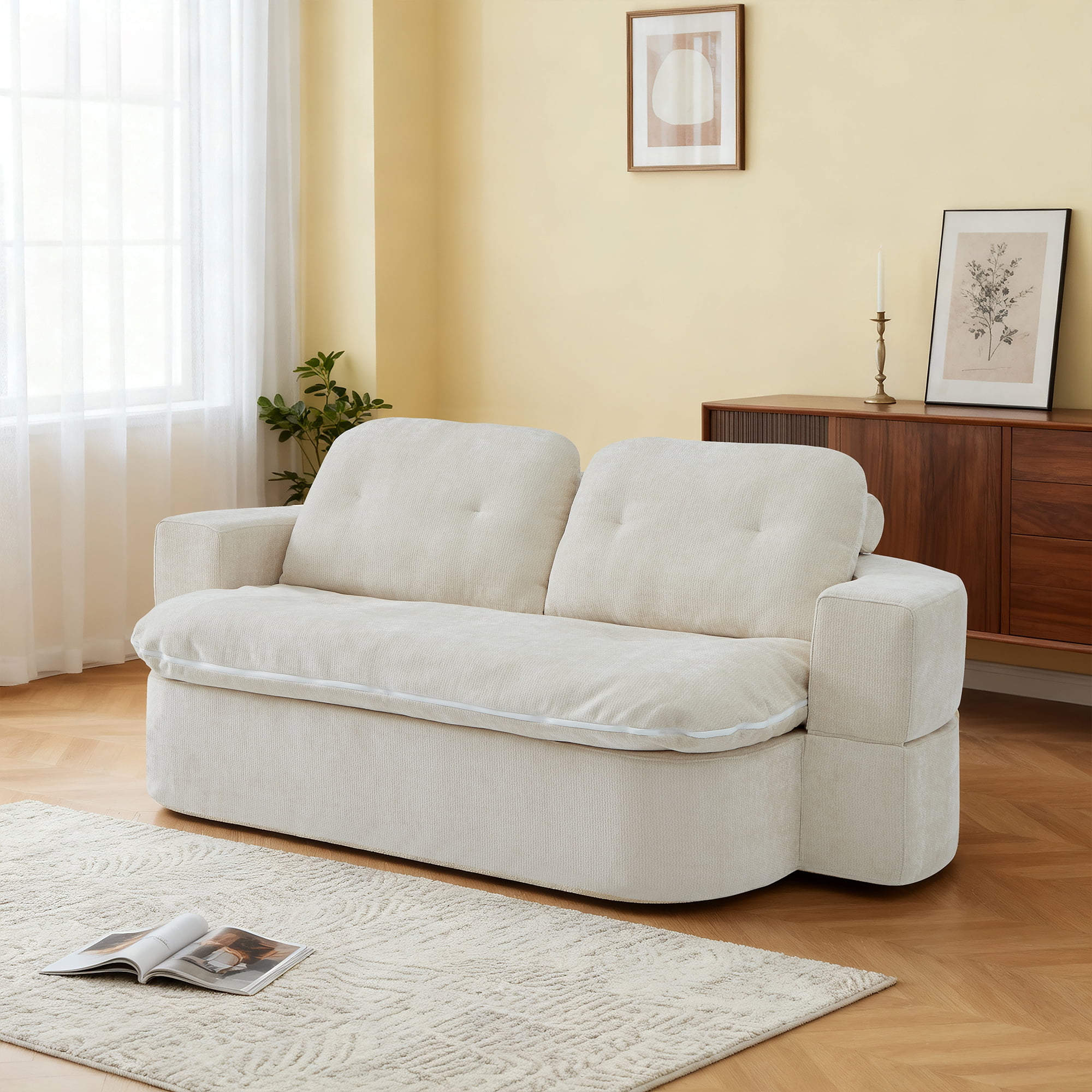 Jopath Sleeper Sofa Bed with 2 Pillows,Corduroy Convertible Futon Sleeper Sofa Couch,Modern Floor Sofa Bed,Folding Mattress for Living Room,Small Spaces,Beige