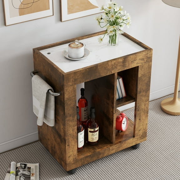 Jopath Small Tea Cabinet,Movable Side Cabinet For Sofa, Household Brown Trolley Storage Locker And Shelf Has A Multi-Level Open Storage Space With A Large Capacity For Living Room