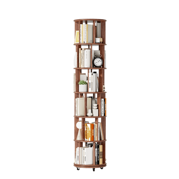 Jopath Solid Wood Rotating Bookshelf on Wheels, 6 Tier, Round Revolving Bookcase, 360 Spinning Book Shelf Tower for Kids, Narrow Rolling Bookshelves for Small Space, Corner, Bedroom