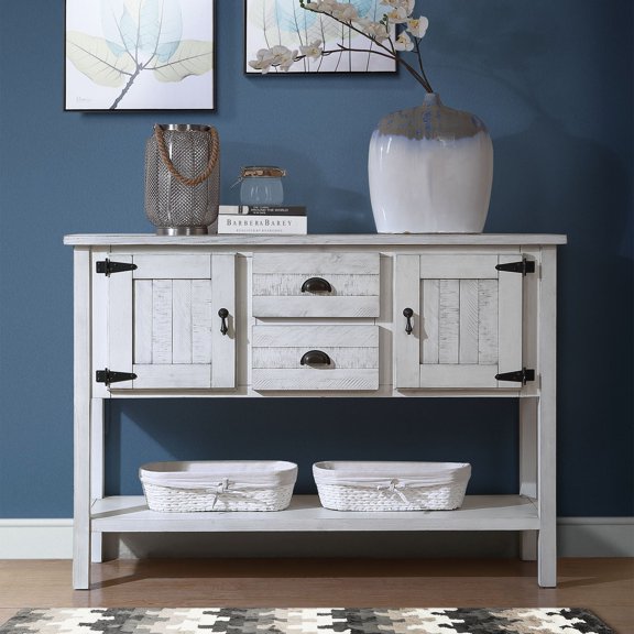 Jopath Solid Wood Sideboard Console Table with 2 Drawers and Cabinets and Bottom Shelf, Retro Style Storage Dining Buffet Server Cabinet for Living Room Kitchen Dining Room Antique White
