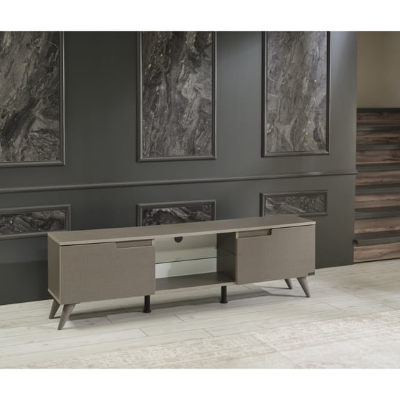 Jopath Store Mid Century Modern Tv Stand 66" Solid Wood Brown Media Unit,2 Door Cabinets 1 Glass Shelf Brown Living Room Entertainment Center Brown