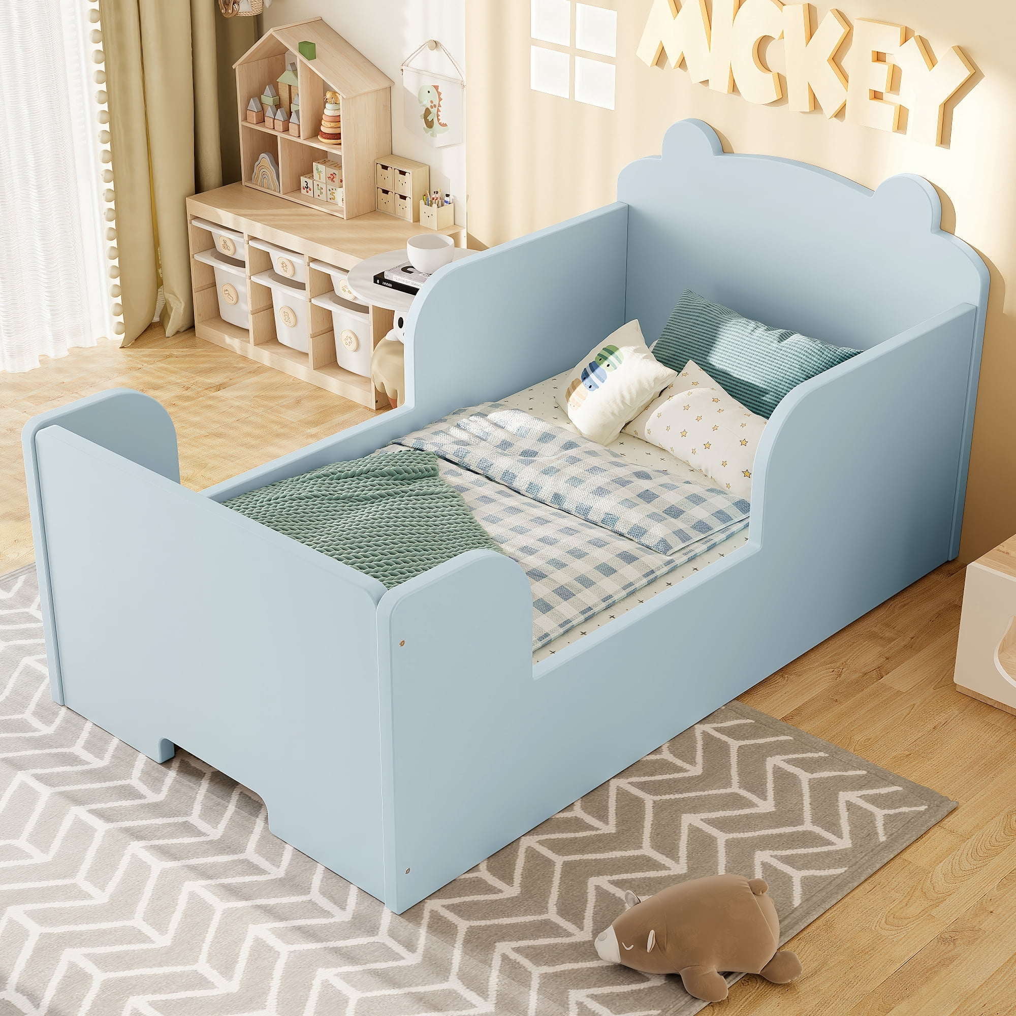 Jopath Toddler Floor Bed Frame, Cot Bed with Bear Shape Toddler Bed for Boys and Girls Blue