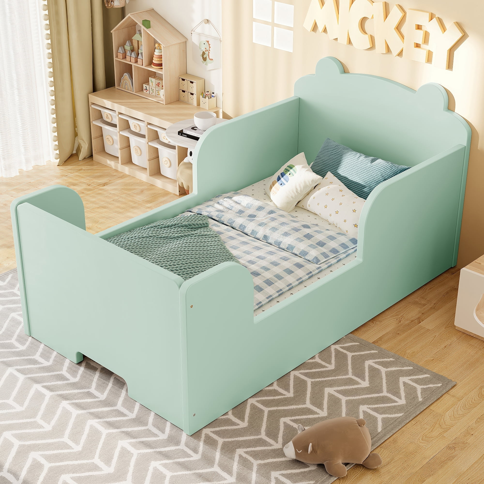Jopath Toddler Floor Bed Frame, Cot Bed with Bear Shape Toddler Bed for Boys and Girls Green