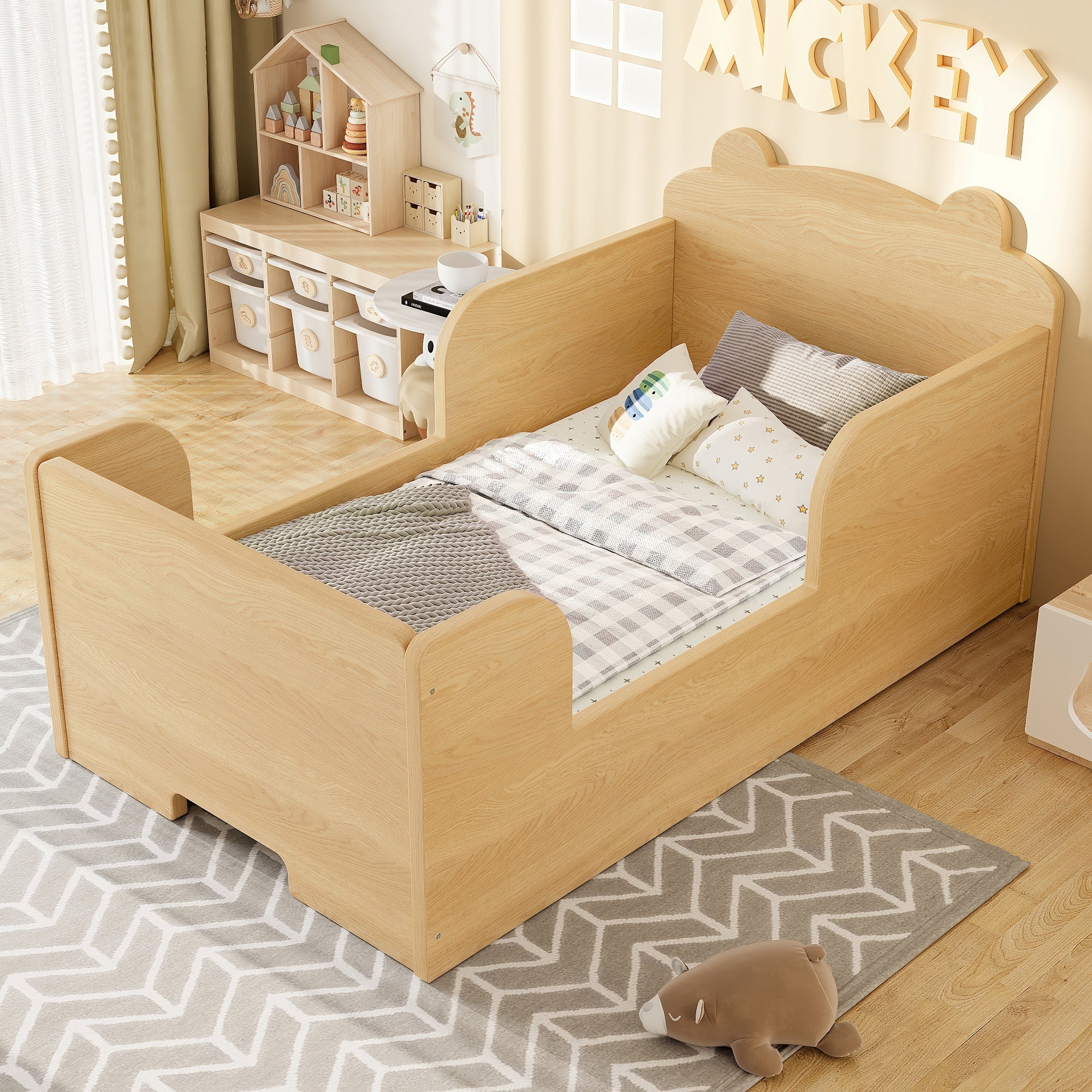 Jopath Toddler Floor Bed Frame, Cot Bed with Bear Shape Toddler Bed for Boys and Girls Natural