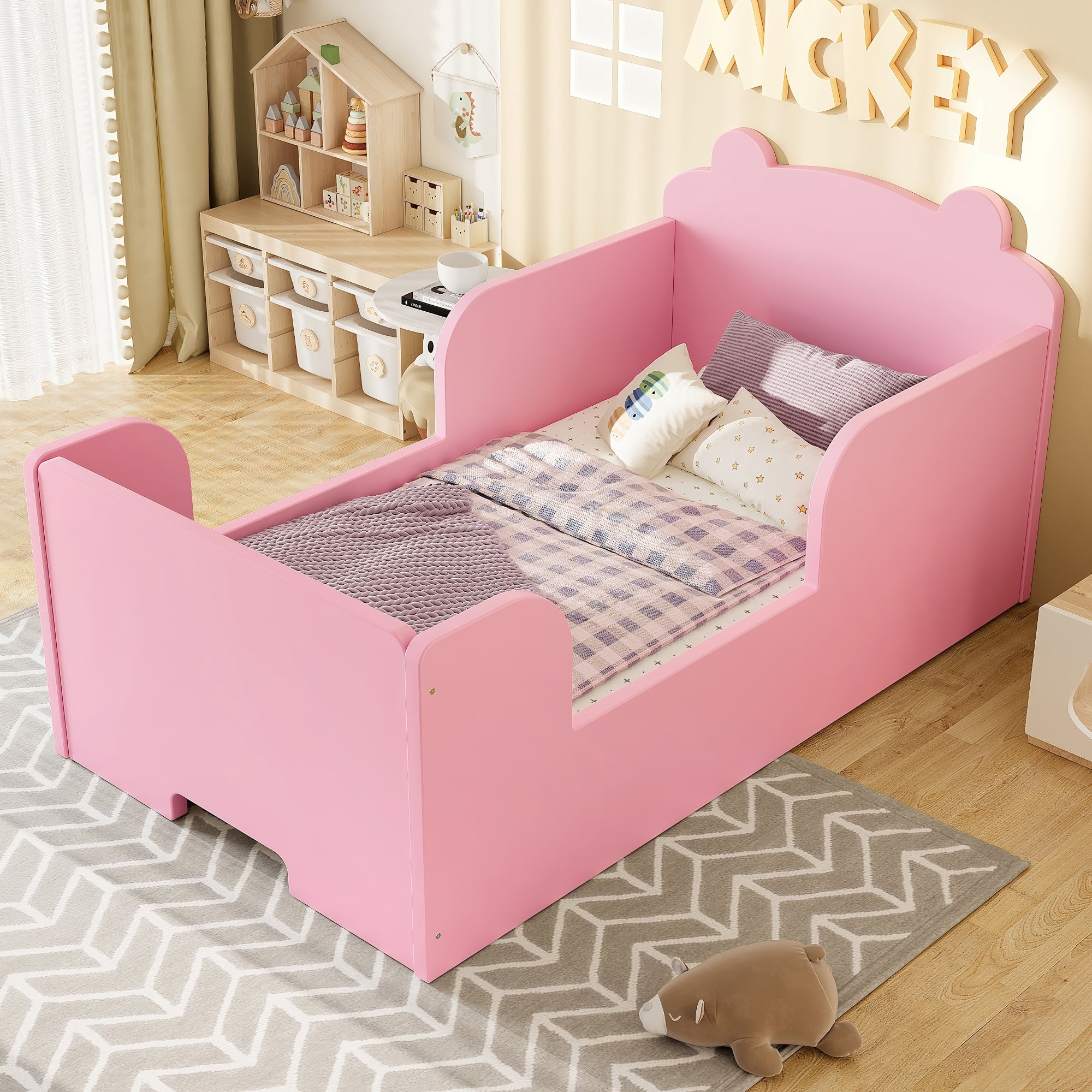 Jopath Toddler Floor Bed Frame, Cot Bed with Bear Shape Toddler Bed for Boys and Girls Pink