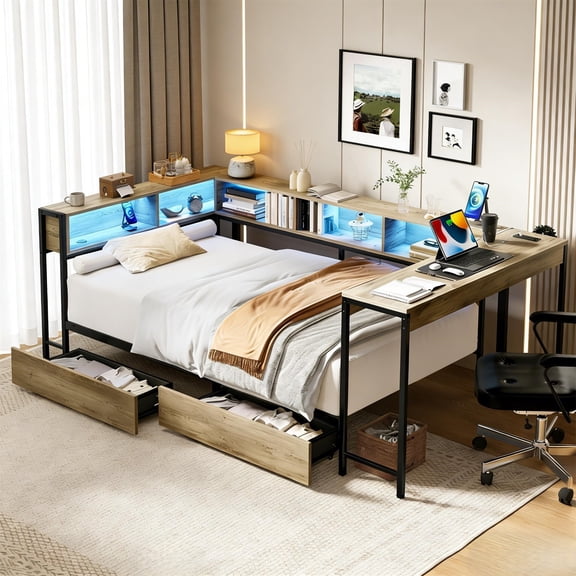 Jopath Twin Size Daybed Frame with Bookcase and 2 Underbed Storage Drawers, Corner Bed Frame with LED Light and Charging Station for Adult Teen 96.9" x 46.9" x 31.5", Gray