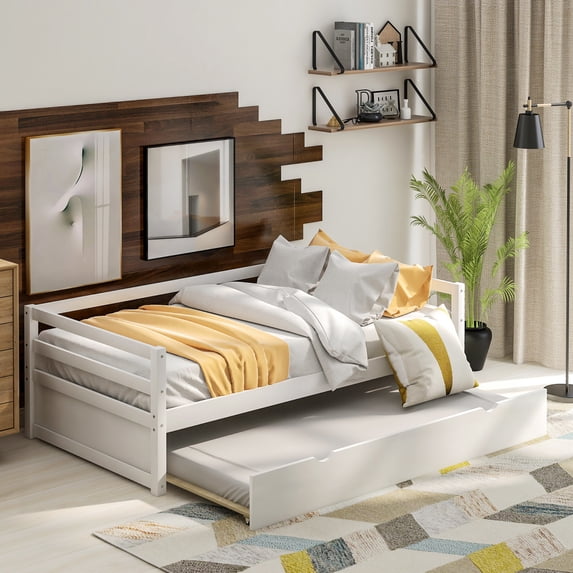 Jopath Twin Size Daybed with Trundle, Wood Bed Platform Bed Frame for Teen boys girls White