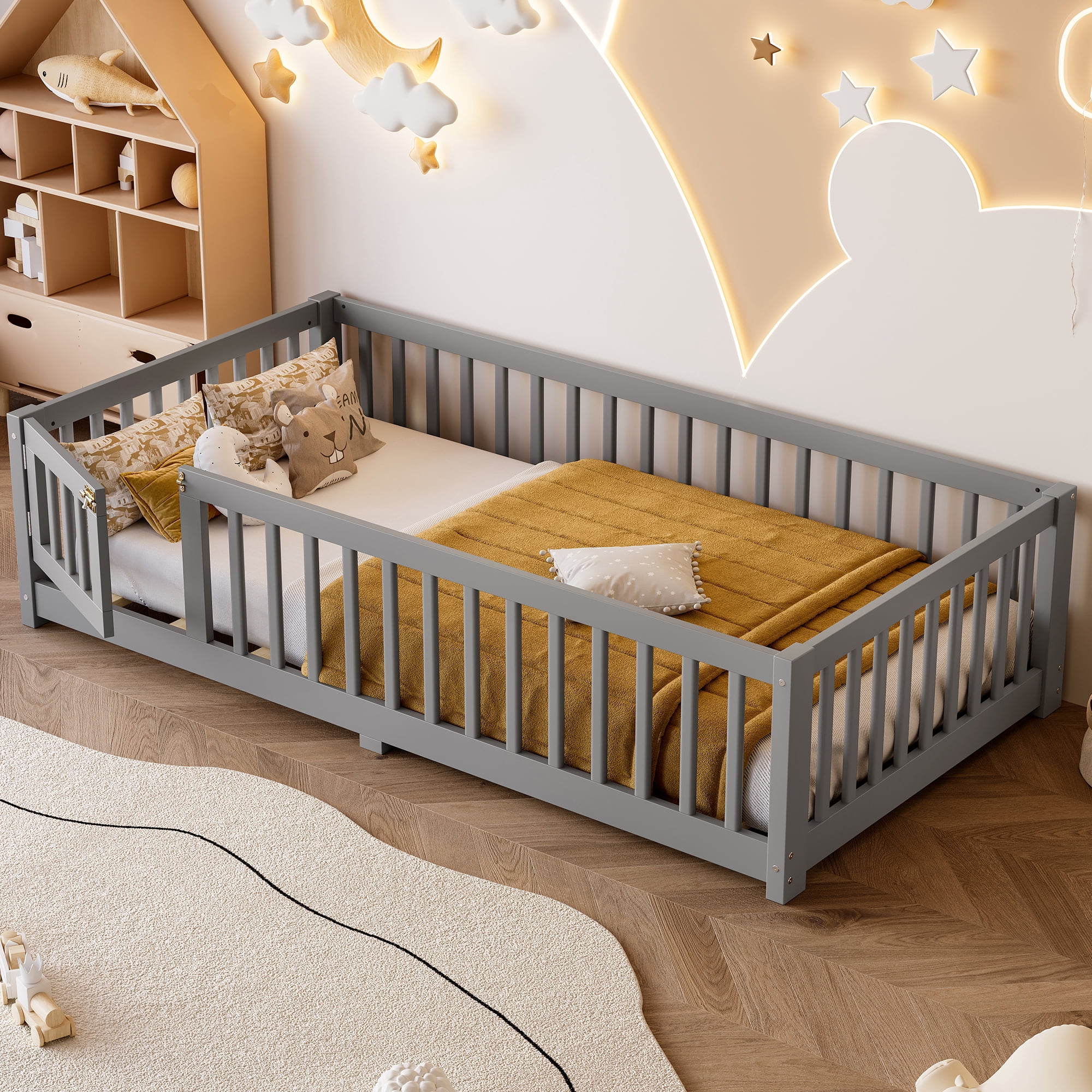 Jopath Twin Size Floor Bed Frame,Montessori Bed with Guardrails and Door,with Slatted Base,for Kids,Boys,Girls,Gray