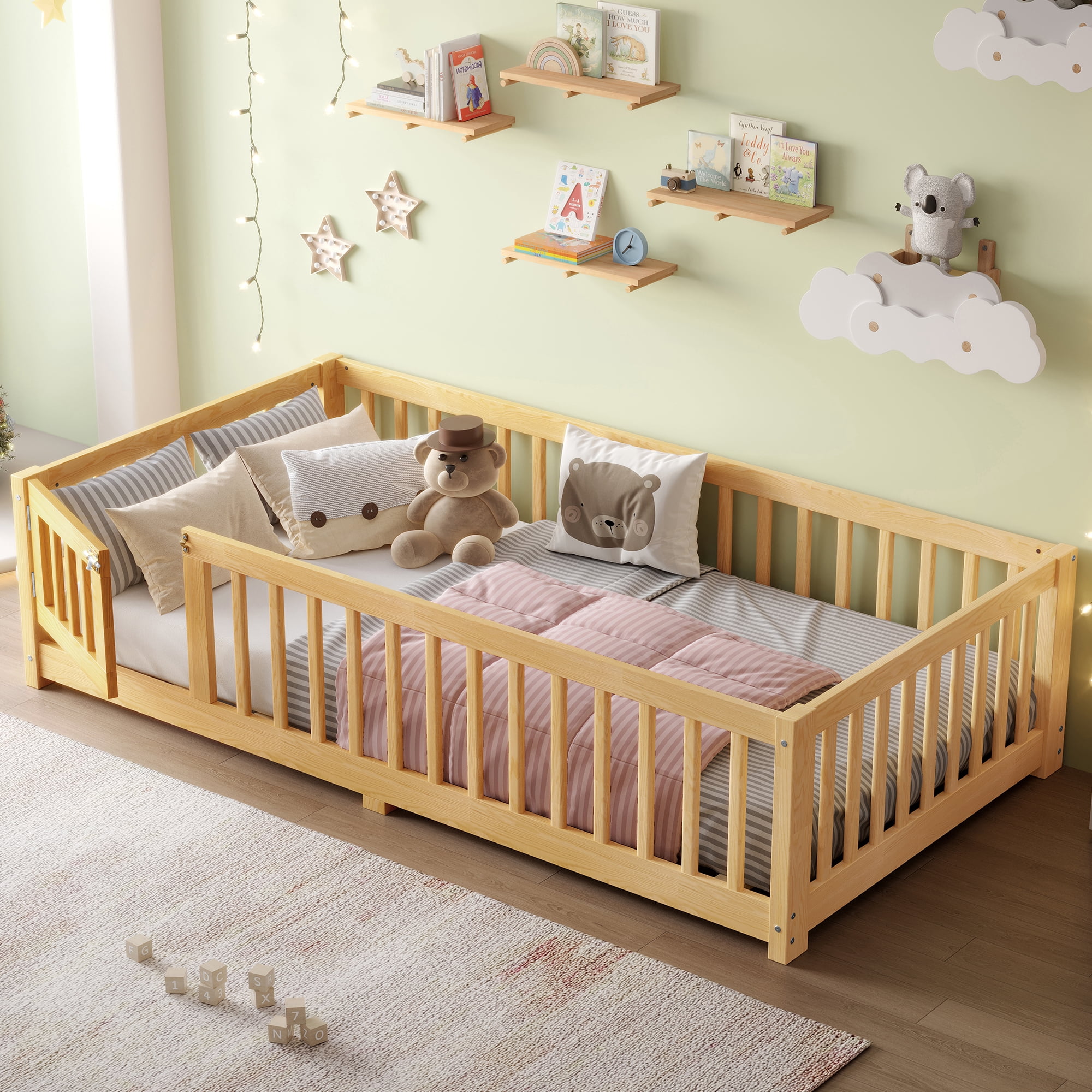 Jopath Twin Size Floor Bed Frame,Montessori Bed with Guardrails and Door,with Slatted Base,for Kids,Boys,Girls,Natural