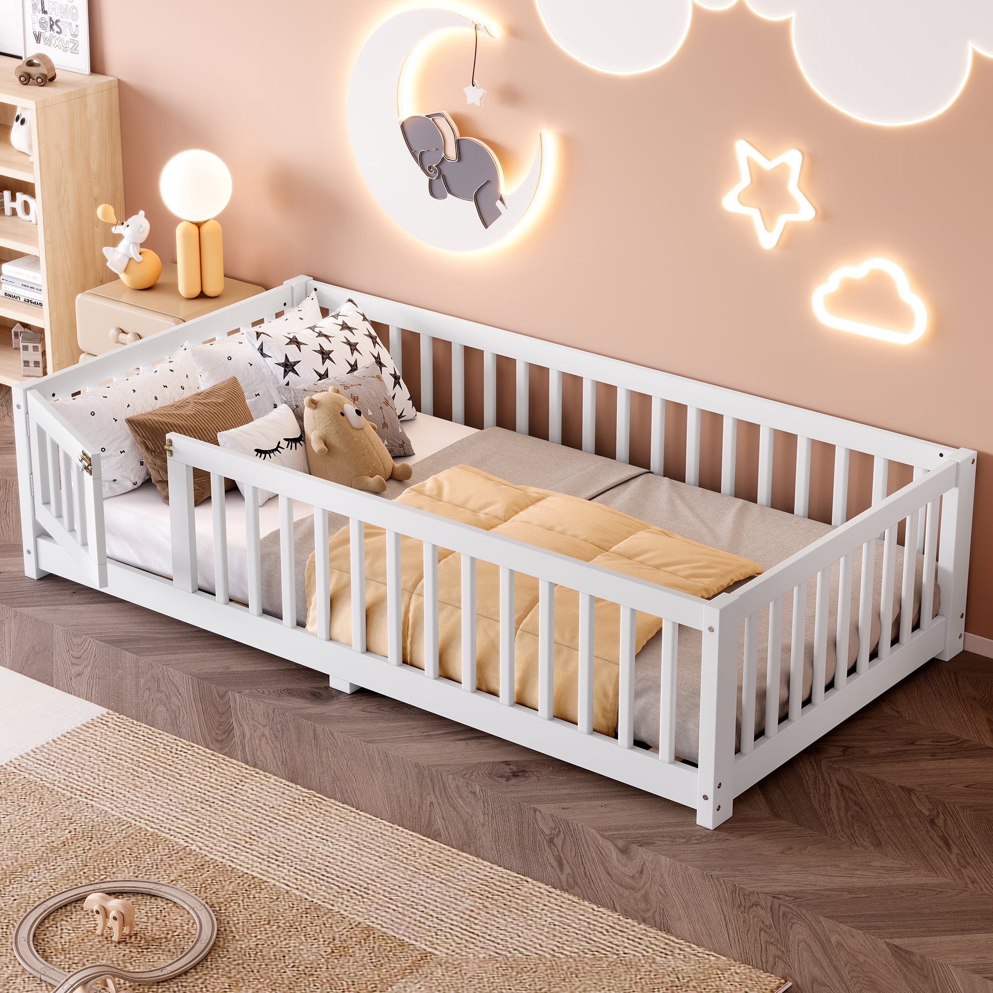 Jopath Twin Size Floor Bed Frame,Montessori Bed with Guardrails and Door,with Slatted Base,for Kids,Boys,Girls,White