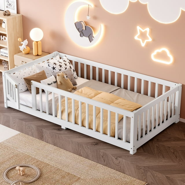 Jopath Twin Size Floor Bed Frame,Montessori Bed with Guardrails and Door,with Slatted Base,for Kids,Boys,Girls,White
