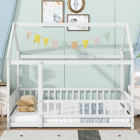 Jopath Twin Size Floor Bed Frame Montessori House Floor Wooden Bed with with Roof Frame,Safety Guardrails for Kids,Boys,Girls White