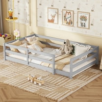 Jopath Twin Size Floor Bed, Low To Ground Bed Frame Floor Bed With Fence, Kids Bed Twin Size, Wood Floor Bed With Bed Slats For Kids, Girls, Boys Blue