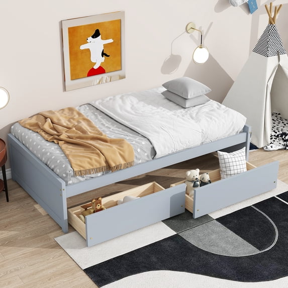 Jopath Twin Size Wood Bed with 2 Drawers, Platform Bed Frame for Teen boys girls Grey
