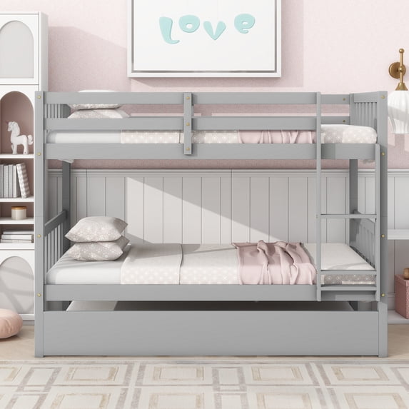 Jopath Twin Over Twin Wood Bunk Bed with Trundle, Convertible Into Twin Size Beds, Twin Size Bunk Bed with Ladder and Safety Guardrails for Boys Girls Grey