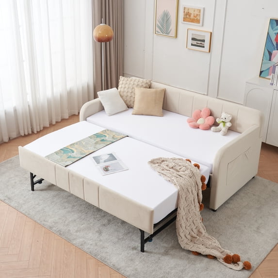 Jopath Twin Upholstered Daybed Frame with Trundle, Sofa Bed with Wood Slat Support for Bedroom Living Room Guest Room,Beige