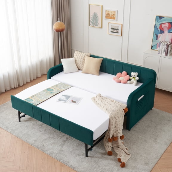 Jopath Twin Upholstered Daybed Frame with Trundle, Sofa Bed with Wood Slat Support for Bedroom Living Room Guest Room,Emerald