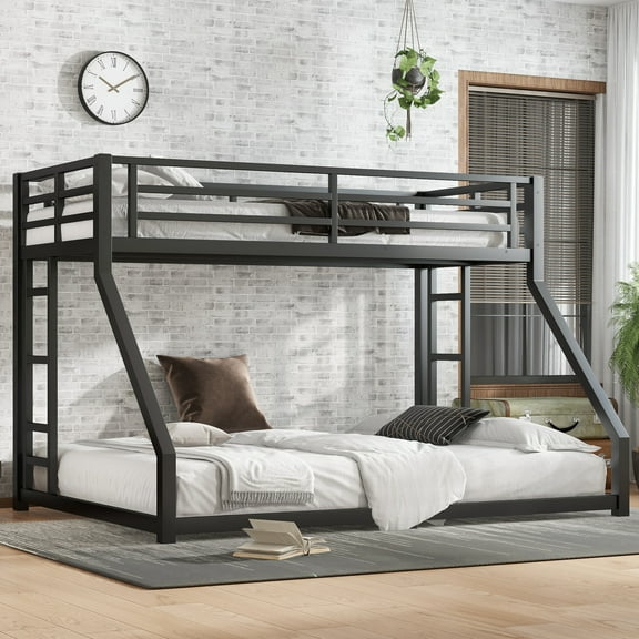 Jopath Twin XL over Queen Bunk Bed for Teens and Adults,Heavy-Duty Metal Bed Frame with Full-Length Guardrails,Space-Saving/Noise Reduced/No Box Spring Needed, Black