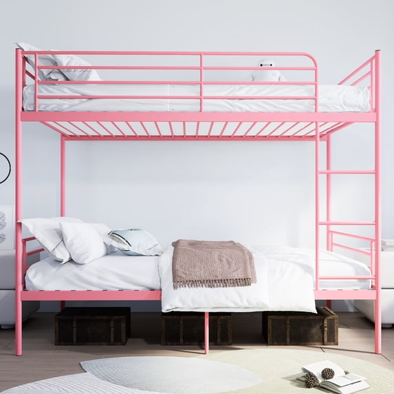 Jopath Twin over Twin Bunk Bed,Heavy Duty Metal Bed Frame with Ladder and Full-Length Guardrail,Noise Free, Easy Assemble,Able to Split 2 Bed,Pink
