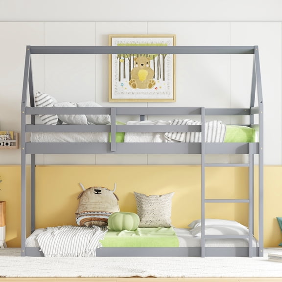Jopath Twin over Twin Floor Bunk Bedwith Ladder and Guardrails, House-Shaped-Bunk Bed for Boys Girls Grey