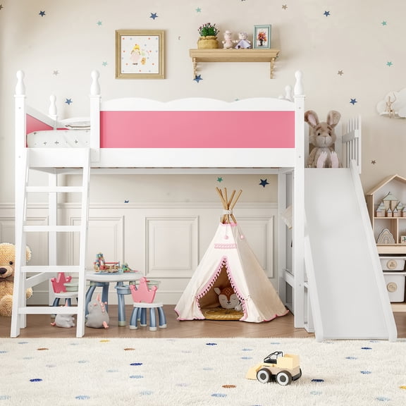 Jopath Twin size Loft Bed with Storage Shelves and Wardrobe, Solid Wood Loft Beds with Detachable Slide and Ladders for Boys Girls Pink and White