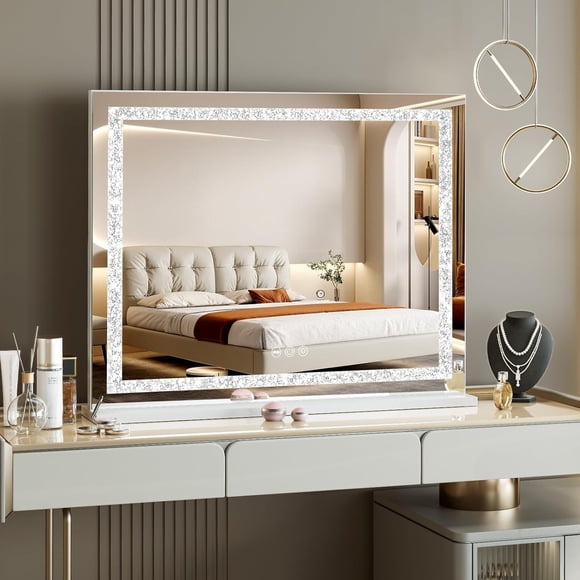 Jopath Vanity Mirror with Lights,31.5" x 22.8" Makeup Mirror with 3 Colors Dimmable Light Strip,Touch Screen Makeup Mirror for Dressing Table,White