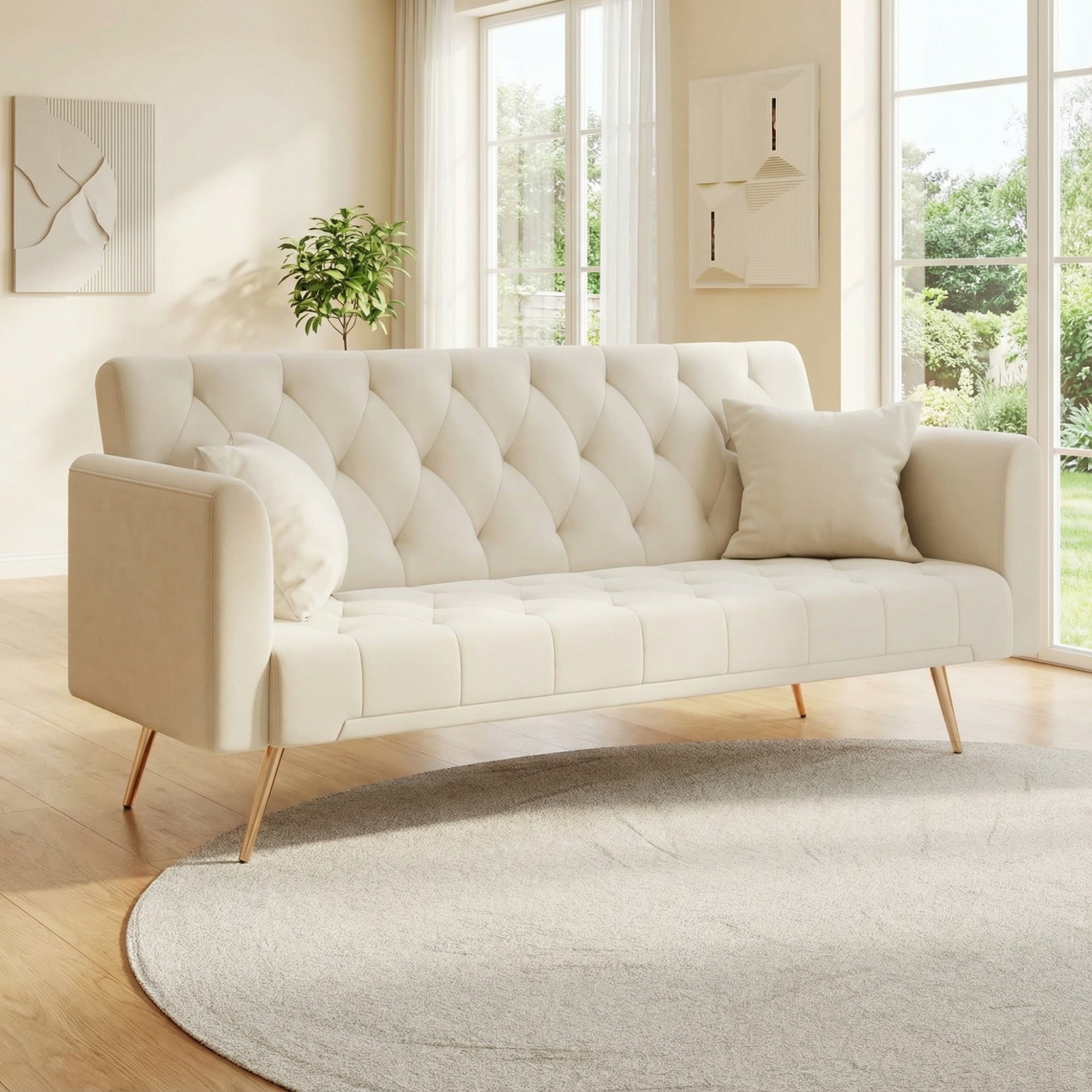 Jopath Velvet Futon Sofa Bed,Convertible Sleeper Couchwith Adjustable Backres & 2 Pillows for Small Spaces,Living Room,Beige02