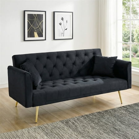 Jopath Velvet Futon Sofa Bed,Convertible Sleeper Couchwith Adjustable Backres & 2 Pillows for Small Spaces,Living Room,Black 02