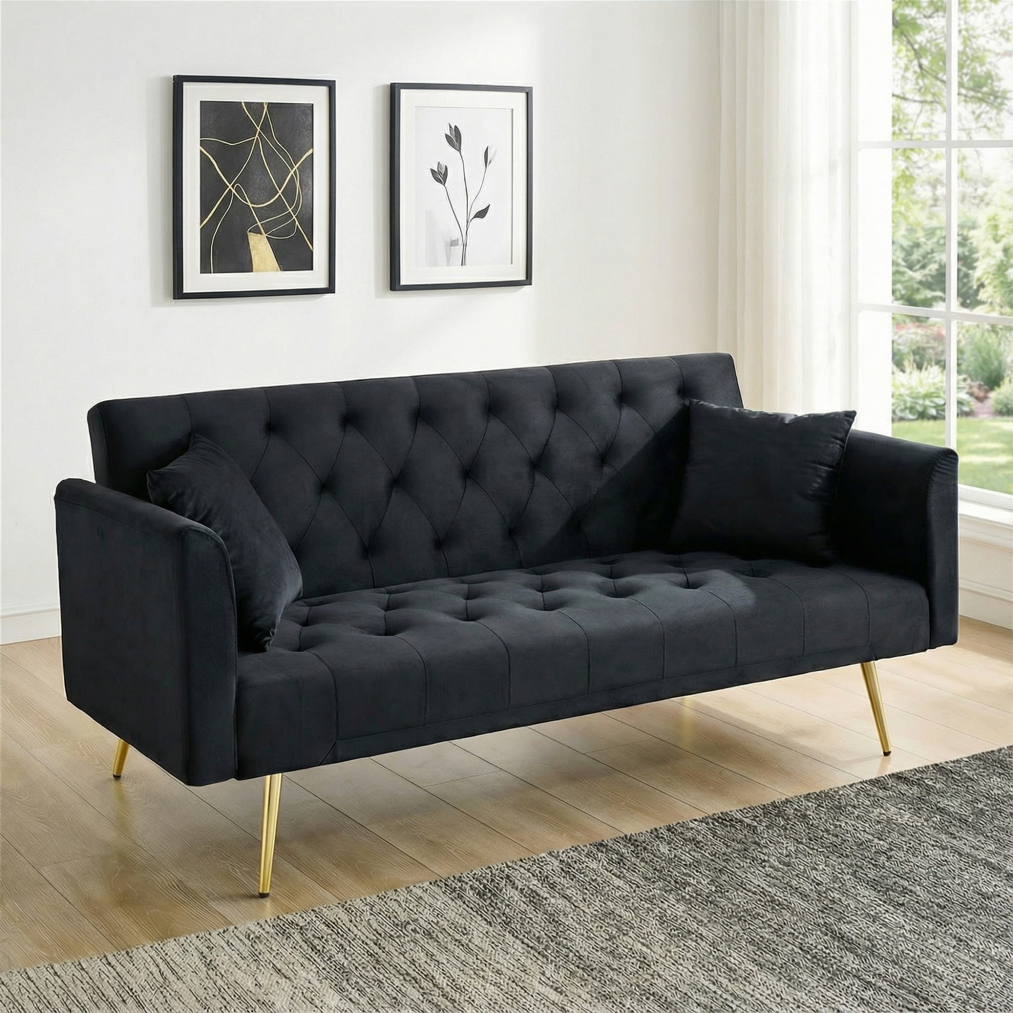 Jopath Velvet Futon Sofa Bed,Convertible Sleeper Couchwith Adjustable Backres & 2 Pillows for Small Spaces,Living Room,Black03