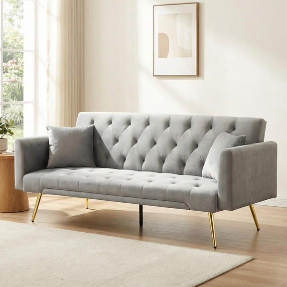 Jopath Velvet Futon Sofa Bed,Convertible Sleeper Couchwith Adjustable Backres & 2 Pillows for Small Spaces,Living Room,Gray02