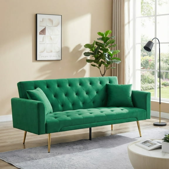Jopath Velvet Futon Sofa Bed,Convertible Sleeper Couchwith Adjustable Backres & 2 Pillows for Small Spaces,Living Room,Green02