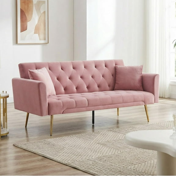 Jopath Velvet Futon Sofa Bed,Convertible Sleeper Couchwith Adjustable Backres & 2 Pillows for Small Spaces,Living Room,Pink