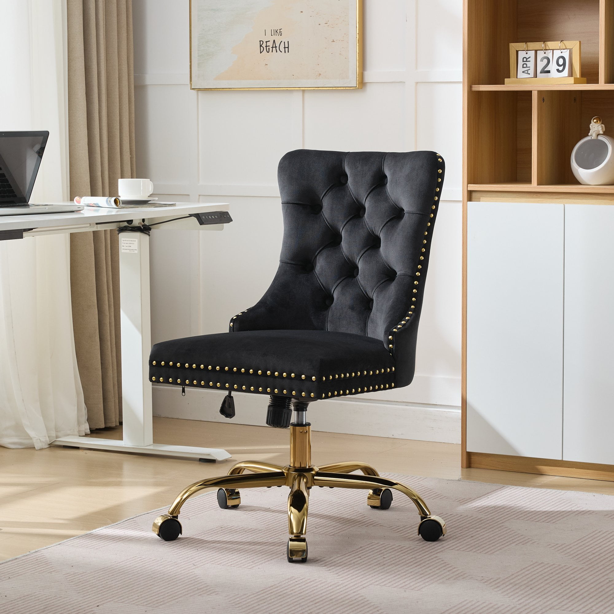 Jopath Velvet Home Office Desk Chair with Wheels & Gold Base, Makeup Vanity Chair with Tufted Back, Adjustable Desk Chair Swivel Office Chair for Bedroom, Black