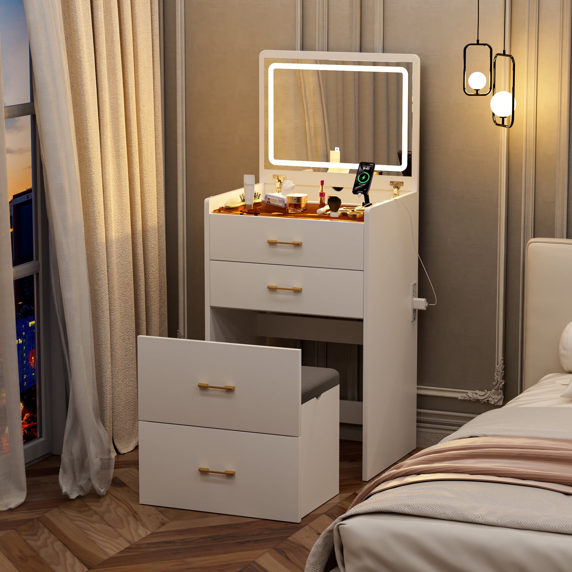 Jopath White Vanity Desk Set with Mirror & Lights,3 in 1 Makeup Vanity Table with 3 Drawers and Stool,Dressing Table for Bedroom,White02