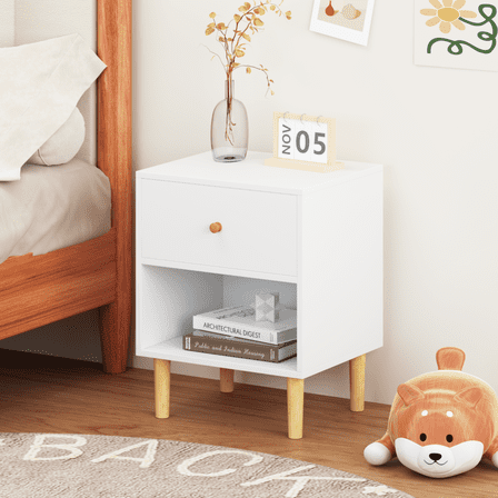 Jopath Wooden Nightstand with Drawers & Shelf Bedside End Table for Apartmen,Bedroom,White02