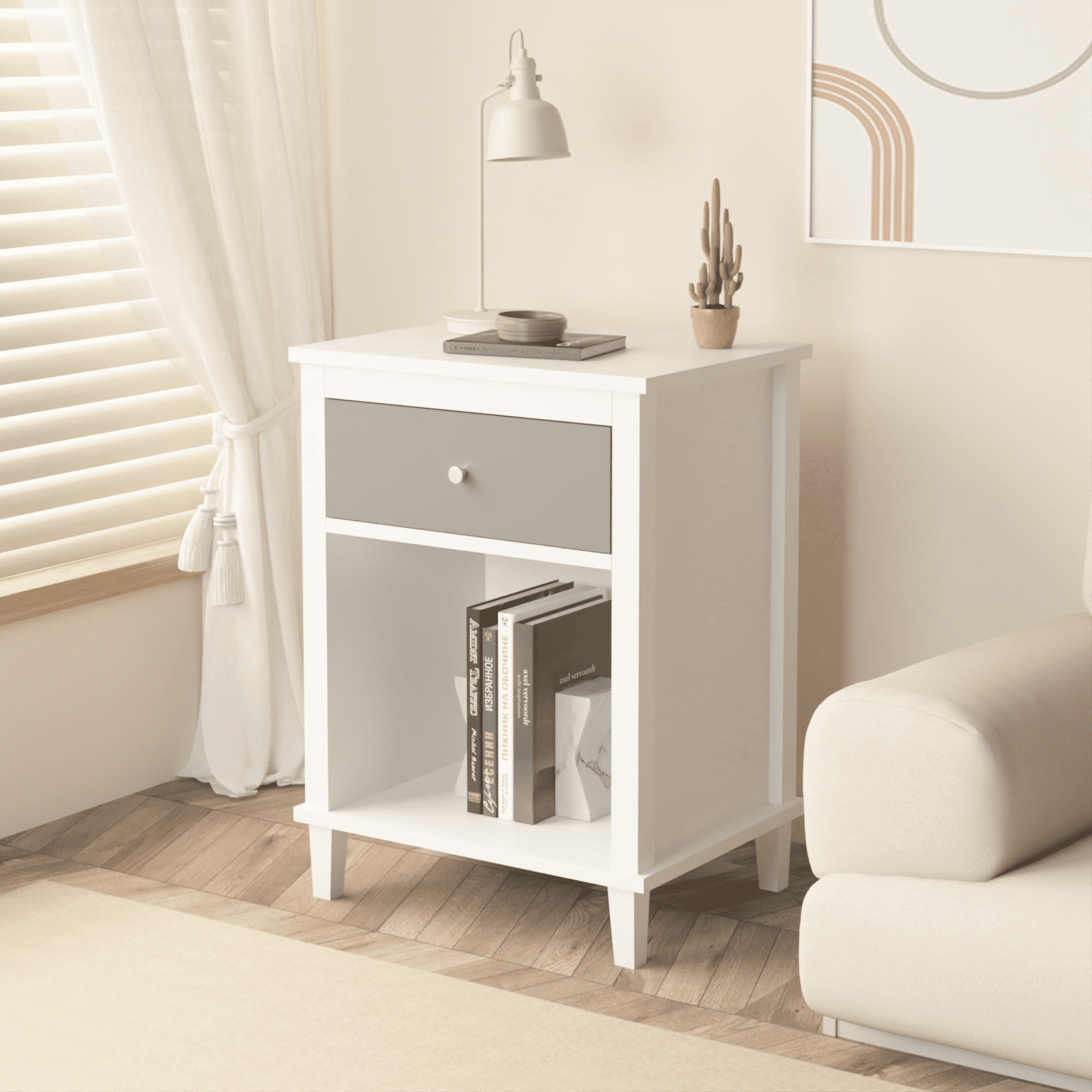 Jopath Wooden Nightstand with One Drawer & One Shelf for Kids, Adults,26.77''H,Gray02