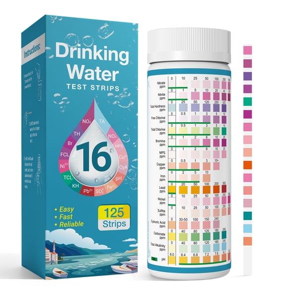 Jopdsy 16 in 1 Drinking Water Test Strips, 125 Count Home Water Testing Strips for Tap Water Well Water, Test pH Hardness Chlorine Lead Iron Copper Nitrate