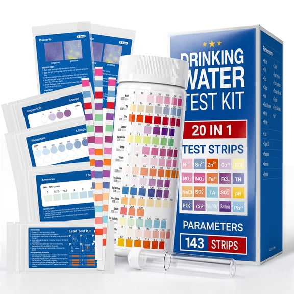Jopdsy 20 in 1 Drinking Water Test Strips, 143 Pack Well Tap Water Test Kit, Test pH Hardness Chlorine Lead Iron Copper Bacteria Ammonia Phosphate Heavy Metals