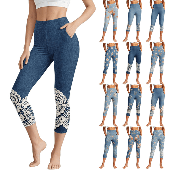 Jopfuhed Leggings for Women Stretchy High Waist Tummy Control 7/8 Yoga Pants with Pockets Casual Floral Printed Gym Workout Pants,Sizes S-3XL