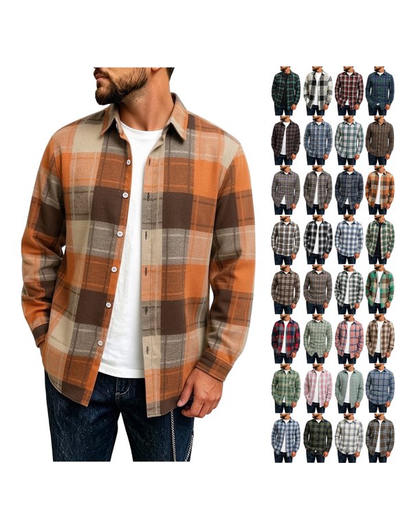 Mens Button Down Plaid Shirts Lightweight Trendy Retro Regular Fit Casual Wrok Long Sleeve Checkered Shirt Sizes,S-2XL