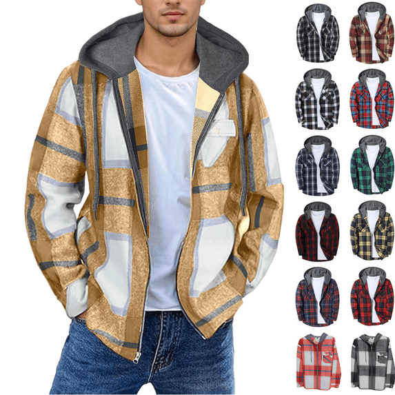Jopfuhed Mens Flannel Shirts Casual Retro Plaid Zip Up Shacket Long Sleeve Brushed Shirt Hooded Jacket Outerwear Sizes,S-3XL