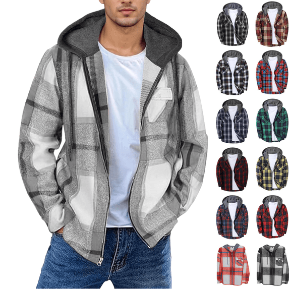Jopfuhed Mens Flannel Shirts Casual Retro Plaid Zip Up Shacket Long Sleeve Brushed Shirt Hooded Jacket Outerwear Sizes,S-3XL