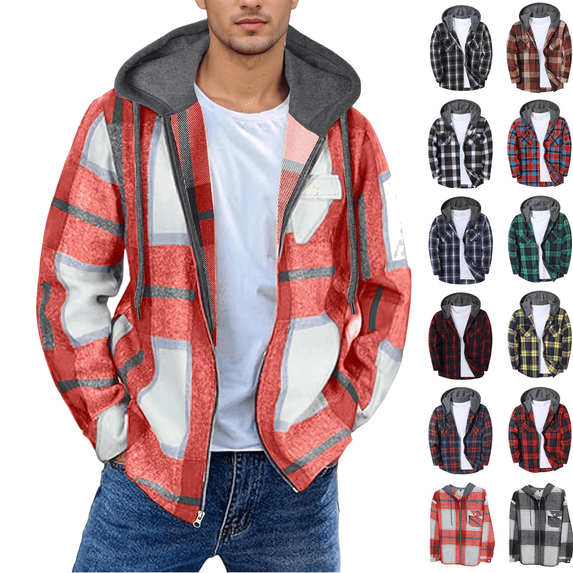 Jopfuhed Mens Flannel Shirts Casual Retro Plaid Zip Up Shacket Long Sleeve Brushed Shirt Hooded Jacket Outerwear Sizes,S-3XL