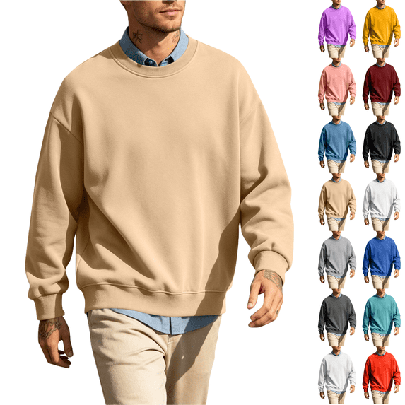 Jopfuhed Mens Plus Size Crewneck Sweatshirts Solid Color Fleece Lined Long Sleeve Pullover Tops Soft Comfy Casual Fall Winter Basic Sweatshirt,Sizes S-5XL