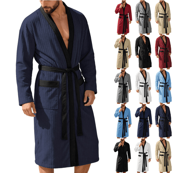 Jopfuhed Mens Robes Lightweight Long Kimono Bathrobe with Pockets Colorblock Breathable Cozy Spa Shower Nightwear Bath Robes
