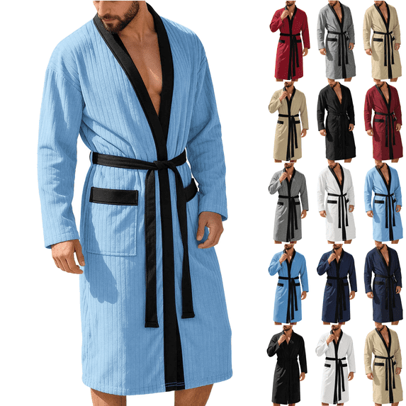 Jopfuhed Mens Robes Lightweight Long Kimono Bathrobe with Pockets Colorblock Breathable Cozy Spa Shower Nightwear Bath Robes