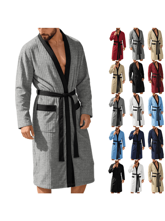 Mens Robes Lightweight Long Kimono Bathrobe with Pockets Colorblock Breathable Cozy Spa Shower Nightwear Bath Robes