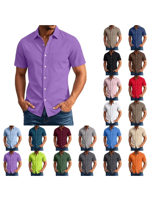 Mens Short Sleeve Button Down Shirts Solid Color Lapel Collared Tops Big and Tall Summer Beach Office Vacation Shirts Sizes,S-5XL